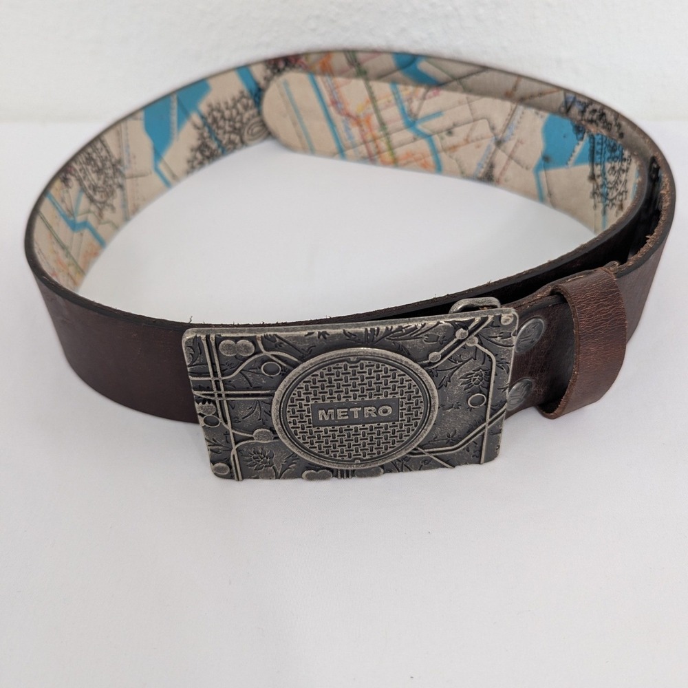 Robert Graham Y2K Metro Manhole Belt Men 34 Brown Subway Map Plaque Buckle Retro